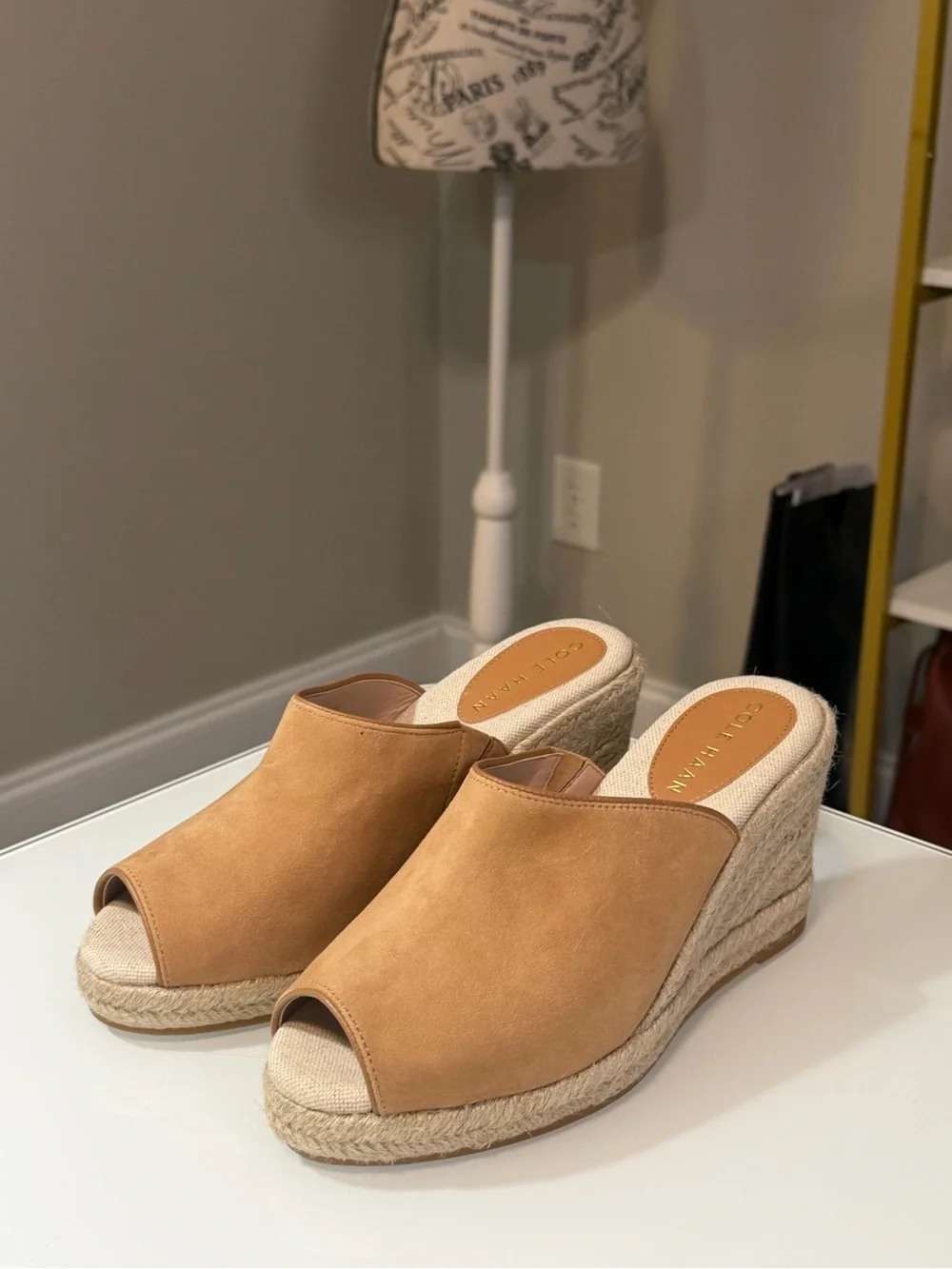 Cole Haan Cloudfeel Southcrest Espadrille Wedge Mule in tan suede sz7